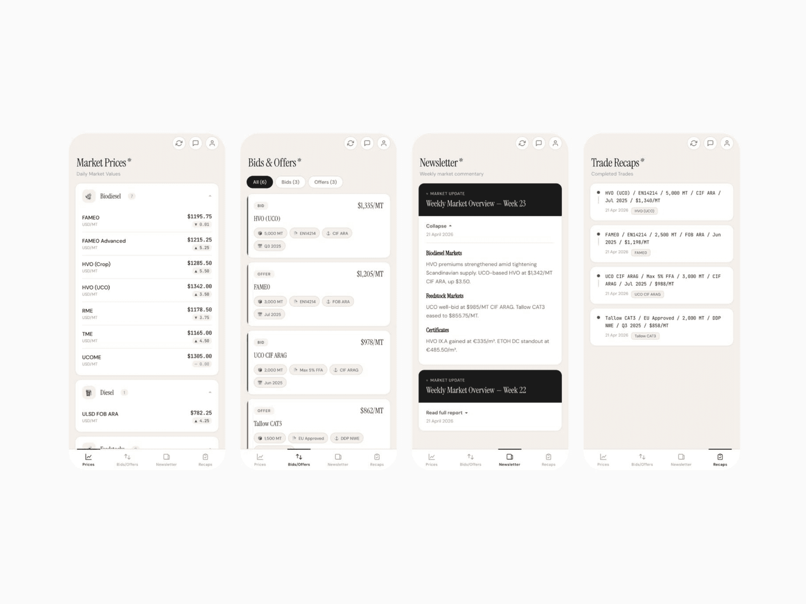 Bardi Fuels mobile app screens — market prices, bids and offers, weekly newsletter, and trade recaps