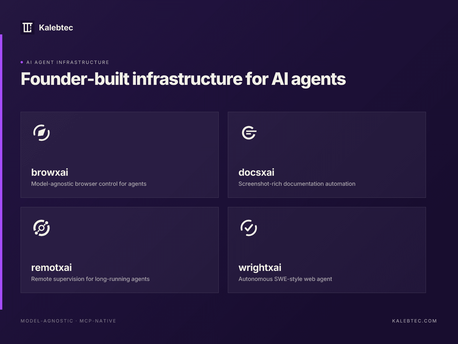 Kalebtec AI agent infrastructure — browxai, docsxai, remotxai, and wrightxai product suite